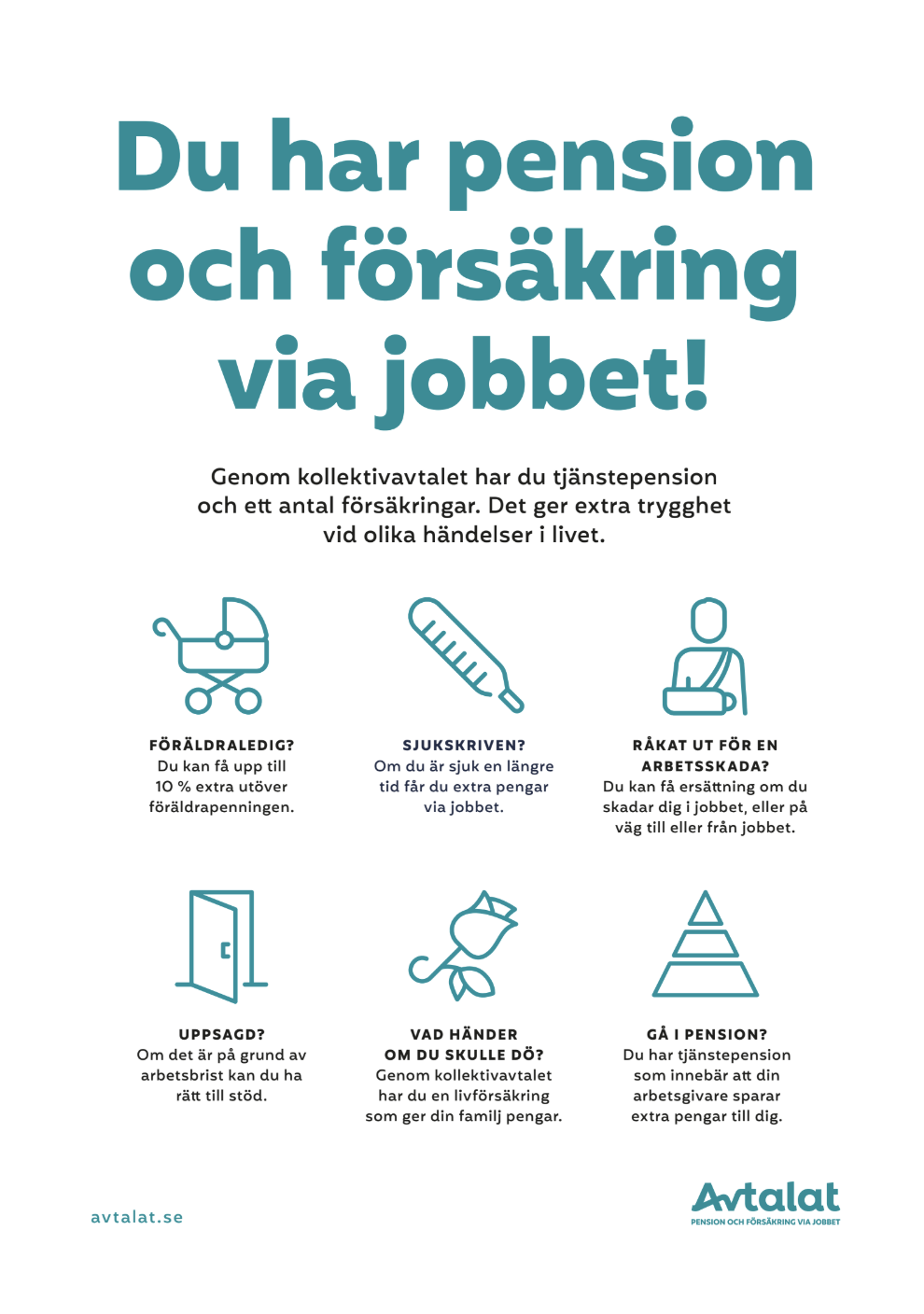 Affisch med texten: du har pension och försäkring via jobbet.
