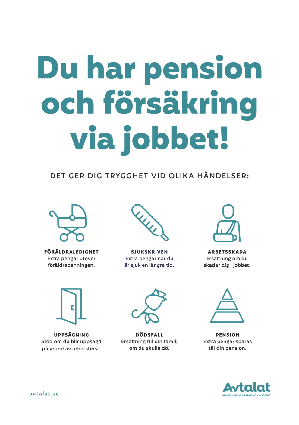 Affisch med texten: du har pension och försäkring via jobbet.